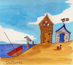 Beach huts a boat and seagull